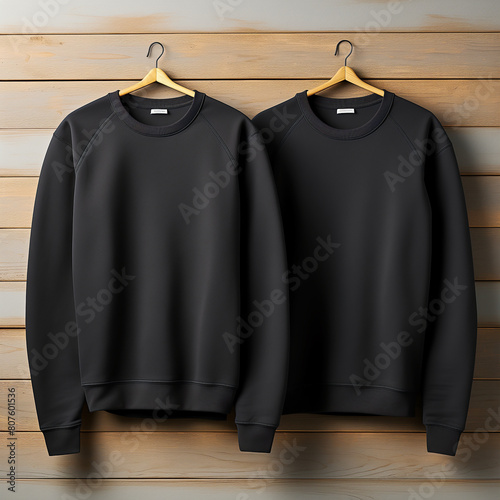 Hanging 2 black sweatshirts mockup. Gildan 18000 blank design template. Unisex clothing, casual model. Front view long sleeve shirts mock up indoor. Women's and men's apparel mock