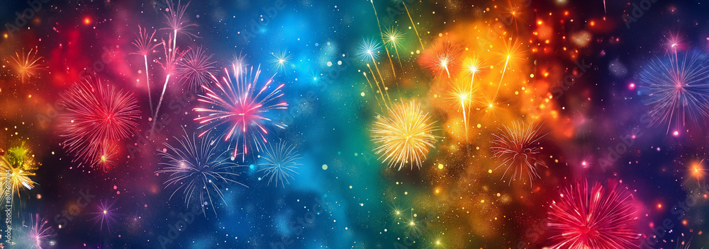 Naklejka premium Fireworks light up the night sky with a breathtaking spectacle of bright colors and sparkling lights.