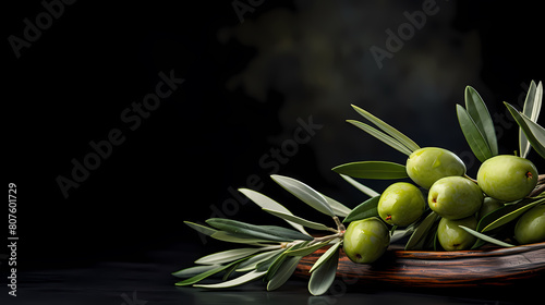 Green olives with leaves on black background