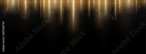 Vertical gold flare on black background. Abstract bg with golden glow sparkles and light pass from top down. Realistic vector illustration of border with bright mystery ray or star trail with glitter.