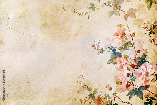 intage background in pastel shades and flowers pattern Victorian style, shabby chic, on aged parchment paper. AI generative.