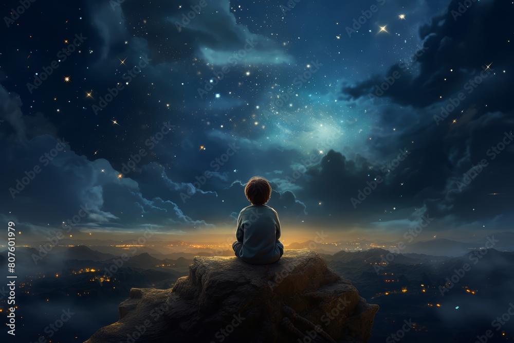 
A child gazes up at the night sky, dreaming of encounters with beings from other planets