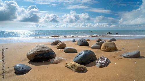 A captivating scene of various rocks scattered on the sandy beach, creating a natural and harmonious composition against the backdrop of the tranquil ocean