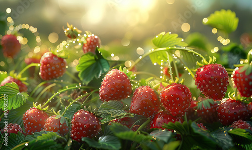 Ripe strawberries glisten with dew in the warm  early morning light. Generate AI