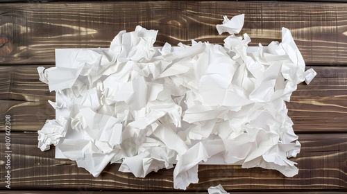 A bunch of white crumpled paper sheets arranged in a messy pile on top of a wooden table
