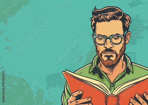 Wallpaper Mural Hipster Man Intently Reading a Book in a Retro Pop Art Style Torontodigital.ca
