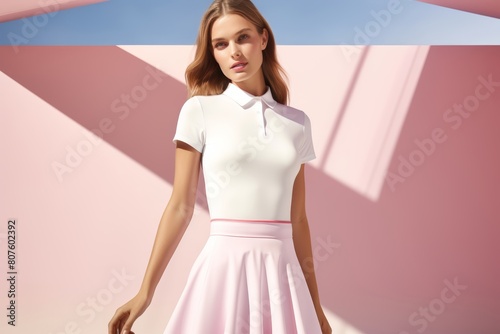 
A model wearing a sleek Tenniscore polo shirt and skirt, demonstrating the elegance and style of tennis fashion