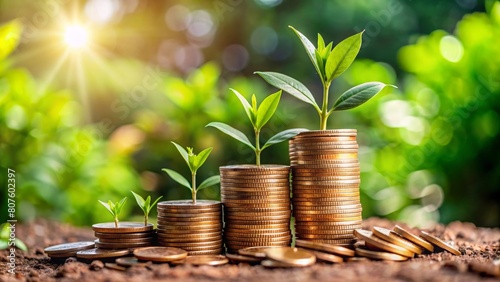 Sustainable Investing with Green Background and Coins: An image focused on a pile of coins with a lush green plant in the background, representing the concept of sustainable and eco-friendly investing photo