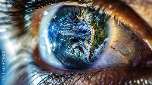 a close up of an eye with a planet in the eye