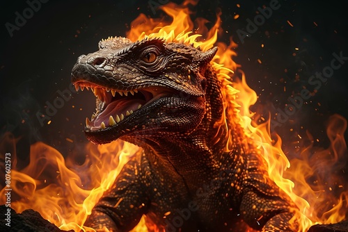 Komodo dragon in fire 