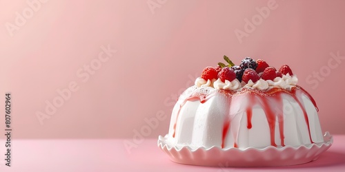 Vividly assembled red and white gelatin Jello mold cake over a white dish with red strawberries over a pale pink backdrop and lovely dessert space, Generative AI.