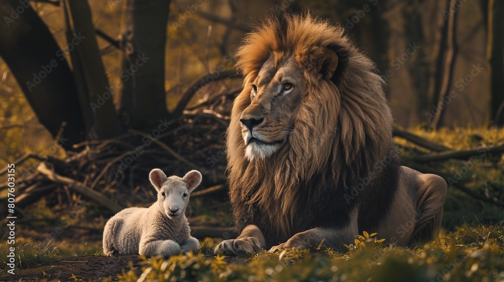 Naklejka premium a lion and lamb lying down