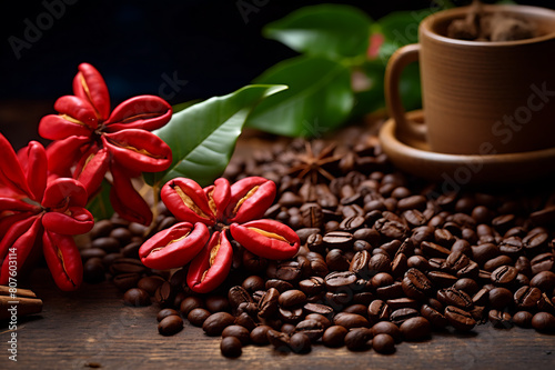 Coffee beans, cinnamon sticks and red flower on wooden table