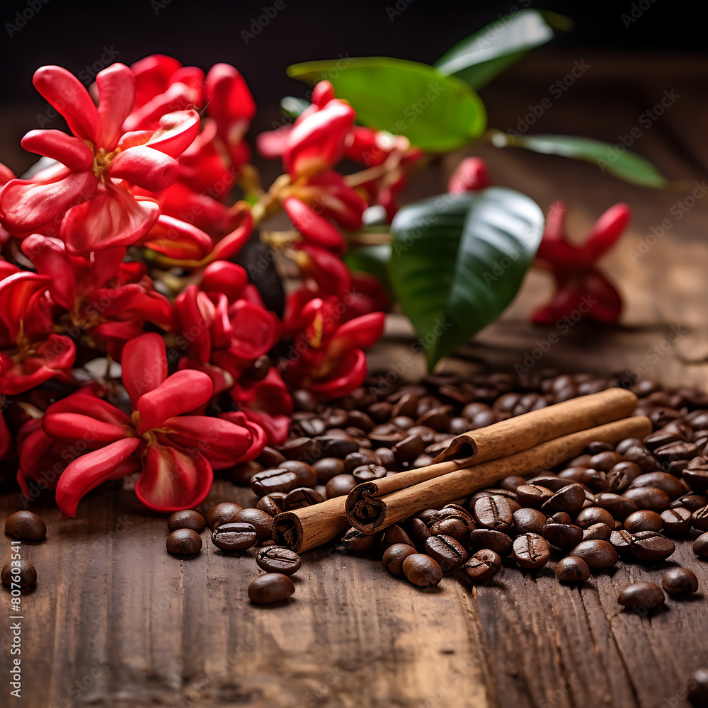 Coffee beans, cinnamon sticks and red flower on wooden table Coffee beans, cinnamon sticks and red flower on wooden table