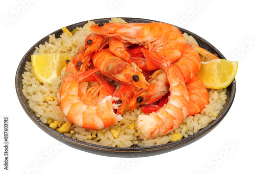 Freshly cooked shell on crevettes meal with egg fried rice photo