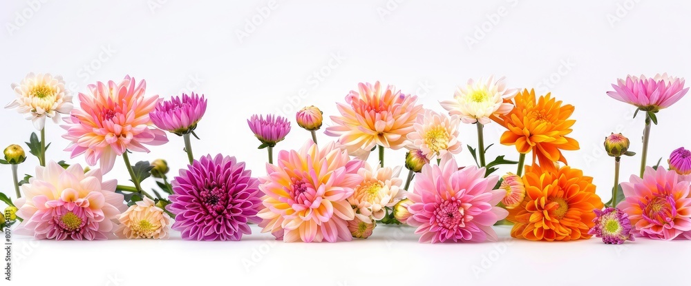 Chrysanthemum Flowers And Multi-Colored Buds And Blooms On A White Background Isolated, Background HD For Designer 