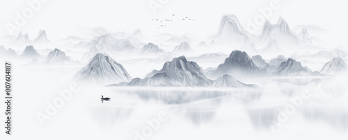 Chinese style blue artistic conception ink landscape painting background photo