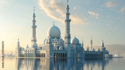 a large white building with towers and towers on water photo