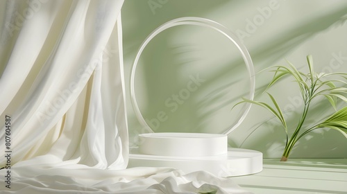 3D display podium, green background with round frame pedestal and flying silk cloth curtain.Nature wind. Beauty, cosmetic product presentation stand. Luxury feminine template 3d render advertisement