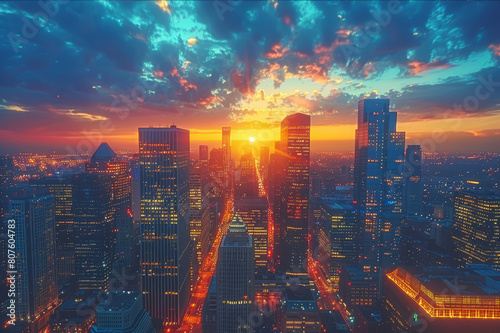Wide angle shot of an expansive city skyline at sunset with lively colors reflecting off the buildings.. AI generated.