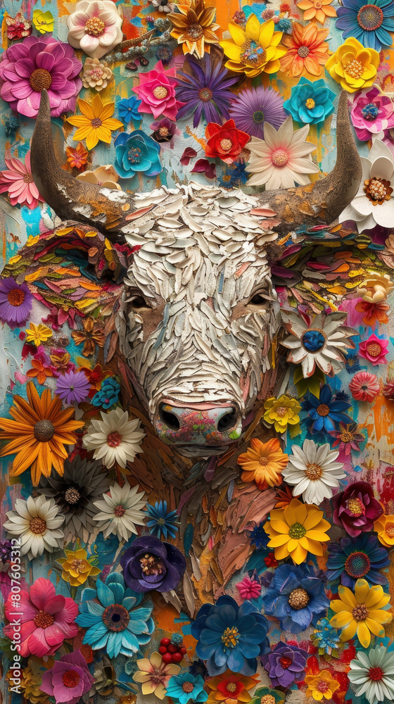 Fototapeta premium A cow with a flowery head is painted on a canvas