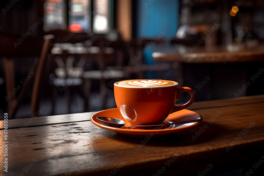 Coffee cup on wooden table in coffee shop, stock photo