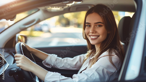 woman happy with driving her new car