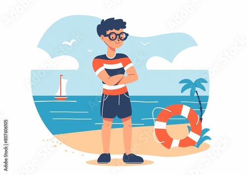 Confident Young Man Standing by the Sea with Lifesaver Illustration