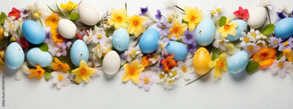 Easter eggs and spring flowers arranged in a row. Flat lay composition with copy space. Easter celebration and springtime holidays. Design for greeting card, invitation, banner. Easter eggs and spring flowers arranged in a row. Flat lay composition with copy space. Easter celebration and springtime holidays. Design for greeting card, invitation, banner.
