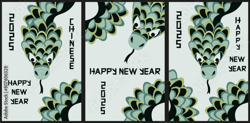 Set 2025 Chinese New Year Design with Typography and green Snake in trend Geometric Retro style. Collection flat Asian New Year holiday Posters. Vector for Web and Social media. EPS 10