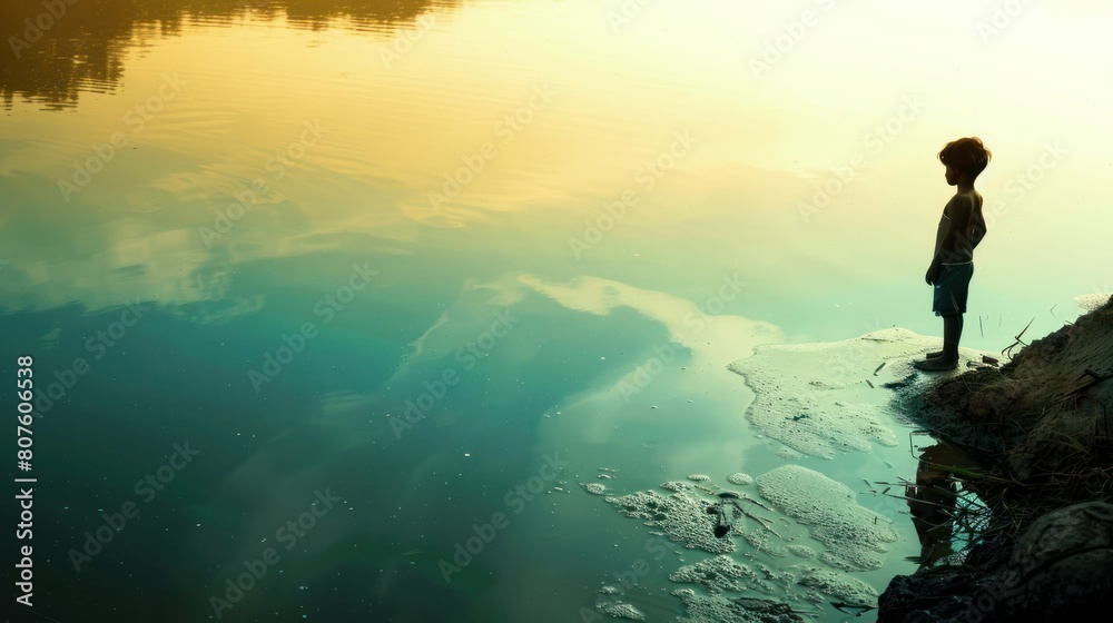 child's silhouette standing on the edge of a polluted river, looking out at the vast expanse of contaminated water, signifying the overwhelming impact of pollution. 