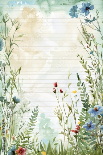 watercolor grass and wildflowers empty blank lined paper frame digital junk journal