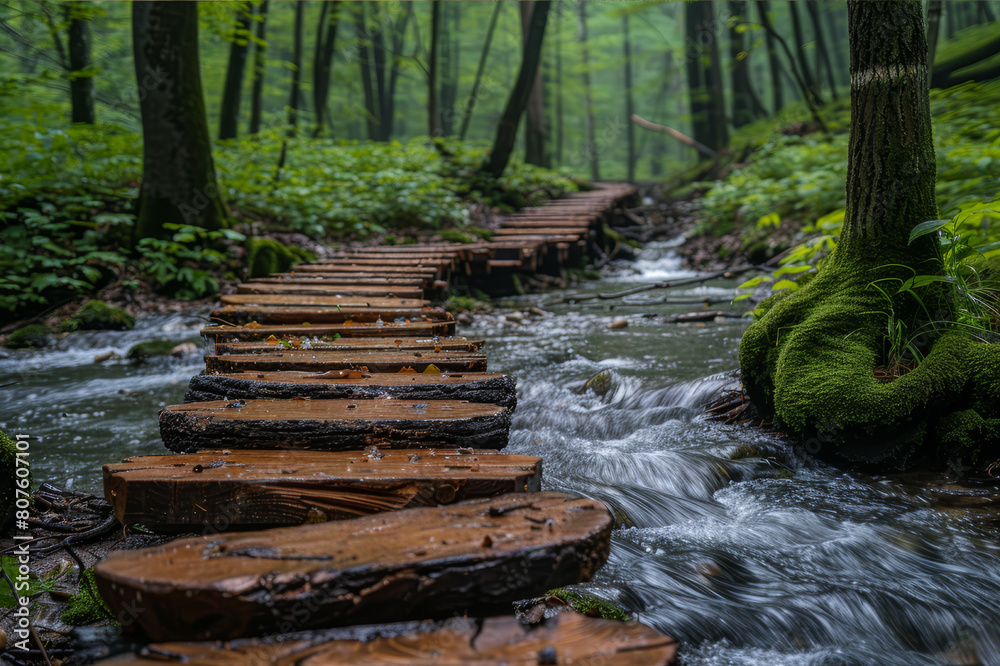 Fototapeta premium Rustic wooden bridge over a serene forest stream on a lush woodland path. AI generated.