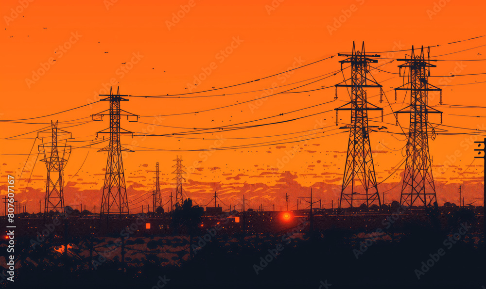 Highvoltage towers stand tall against the backdrop of an orange sky at dusk, casting long shadows on the ground below. 