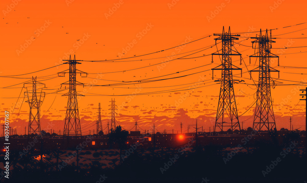 Fototapeta premium Highvoltage towers stand tall against the backdrop of an orange sky at dusk, casting long shadows on the ground below.