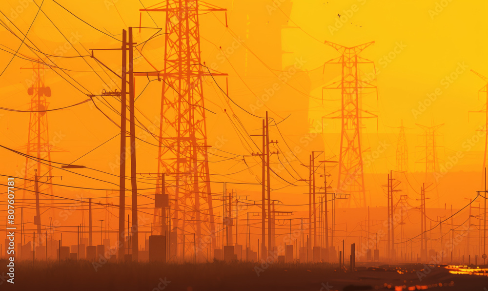 Fototapeta premium Highvoltage towers stand tall against the backdrop of an orange sky at dusk, casting long shadows on the ground below. 