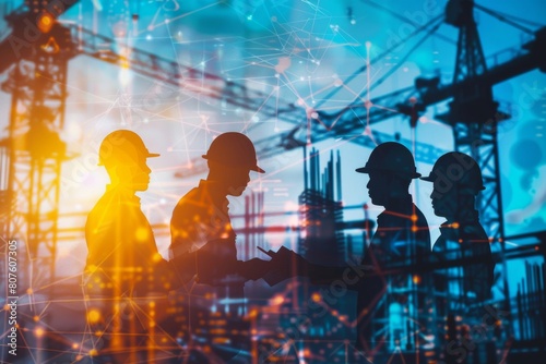A team of engineers in silhouette discussing plans amidst a backdrop of construction equipment and materials , abstract  , background