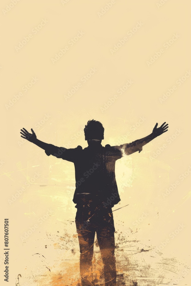 Fototapeta premium Silhouette of a man with open arms on abstract grunge background. Digital art. Freedom and achievement concept. Design for poster, motivational material.