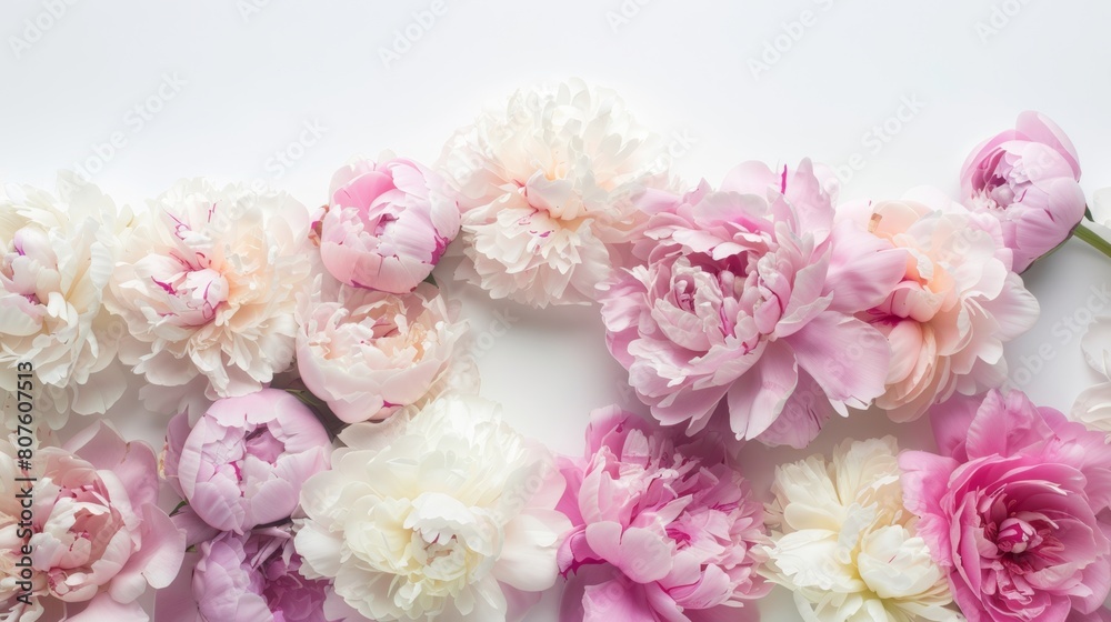 A border composed of fluffy peonies in pastel colors. The peonies are lush and full, providing a perfect canvas for Valentine's Day text. A border composed of fluffy peonies in pastel colors. The peonies are lush and full, providing a perfect canvas for Valentine's Day text.