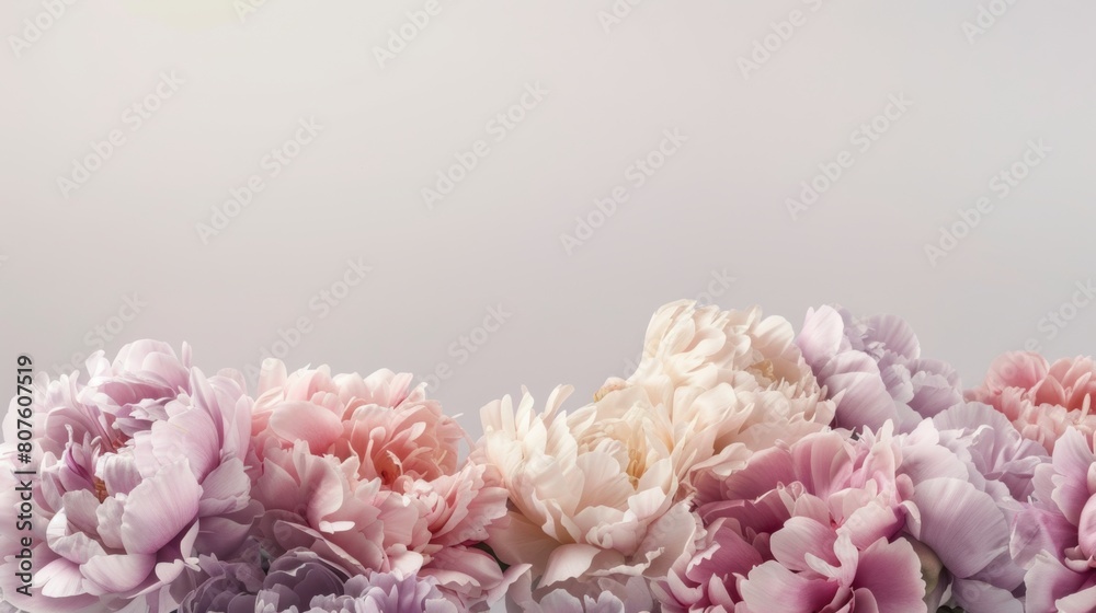 Obraz premium A border composed of fluffy peonies in pastel colors. The peonies are lush and full, providing a perfect canvas for Valentine's Day text.
