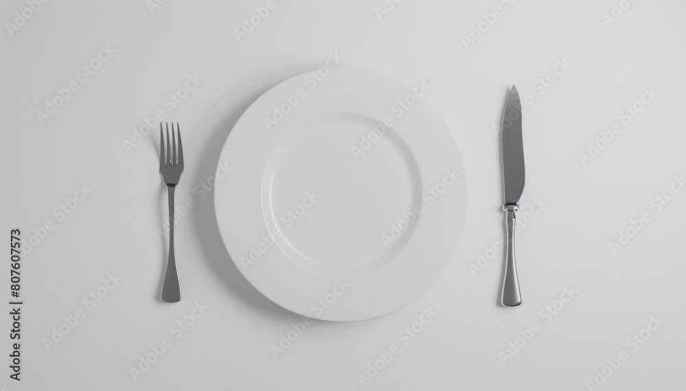 An empy white plate with a fork and a knife next to it, white background An empy white plate with a fork and a knife next to it, white background