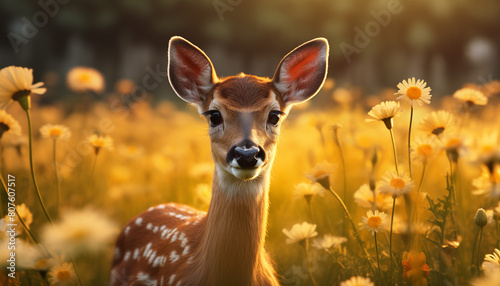 young deer in a field of flowers