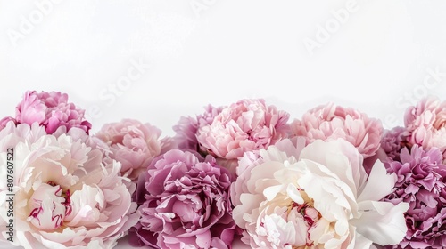 A border composed of fluffy peonies in pastel colors. The peonies are lush and full  providing a perfect canvas for Valentine s Day text. 