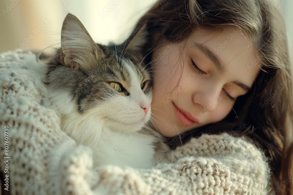 Girl hugs a cat, which she loves very much, close-up.