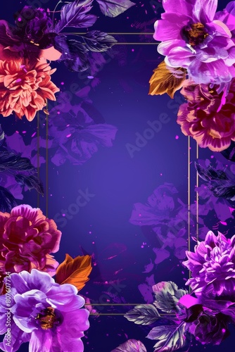 Purple and Red Flower Frame on Blue Background