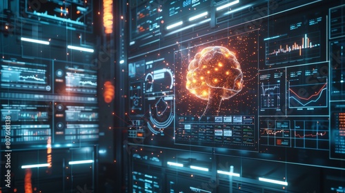 Image of a futuristic server room with a glowing brain interface showing advanced technology and analytics