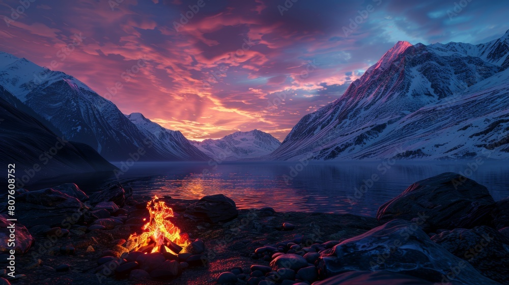 Campfire by a lake with snow-capped mountains under a stunning twilight sky