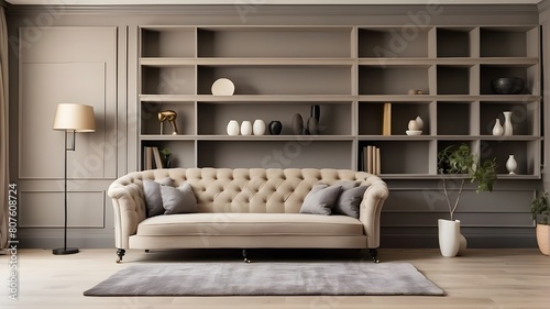 A wooden book shelf and a wall with gray paneling surround a beige, classically tufted sofa. Classic, retro living room interior design in a contemporary house. photo