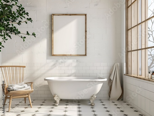 a white bathroom with a chair and a tub