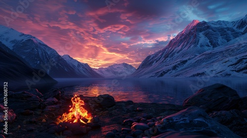 Campfire by a lake with snow-capped mountains under a stunning twilight sky